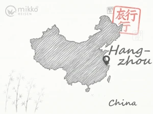 Gezeichnete Landkarte von China, auf der das Reiseziel Hangzhou markiert sind.