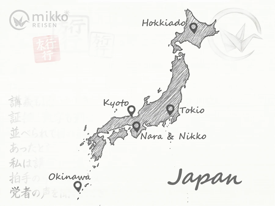 Gezeichnete Karte von Japan mit japanischen Zeichen im Hintergrund. Die wichtigsten Reiseziele für Pauschalreisen in Japan sind markiert.